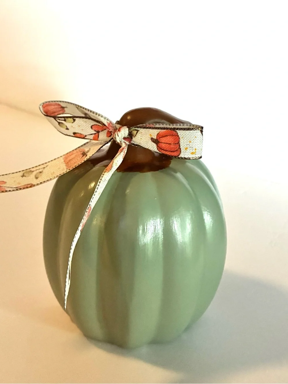 Green Ceramic Pumpkin Decor with Fall Bow
